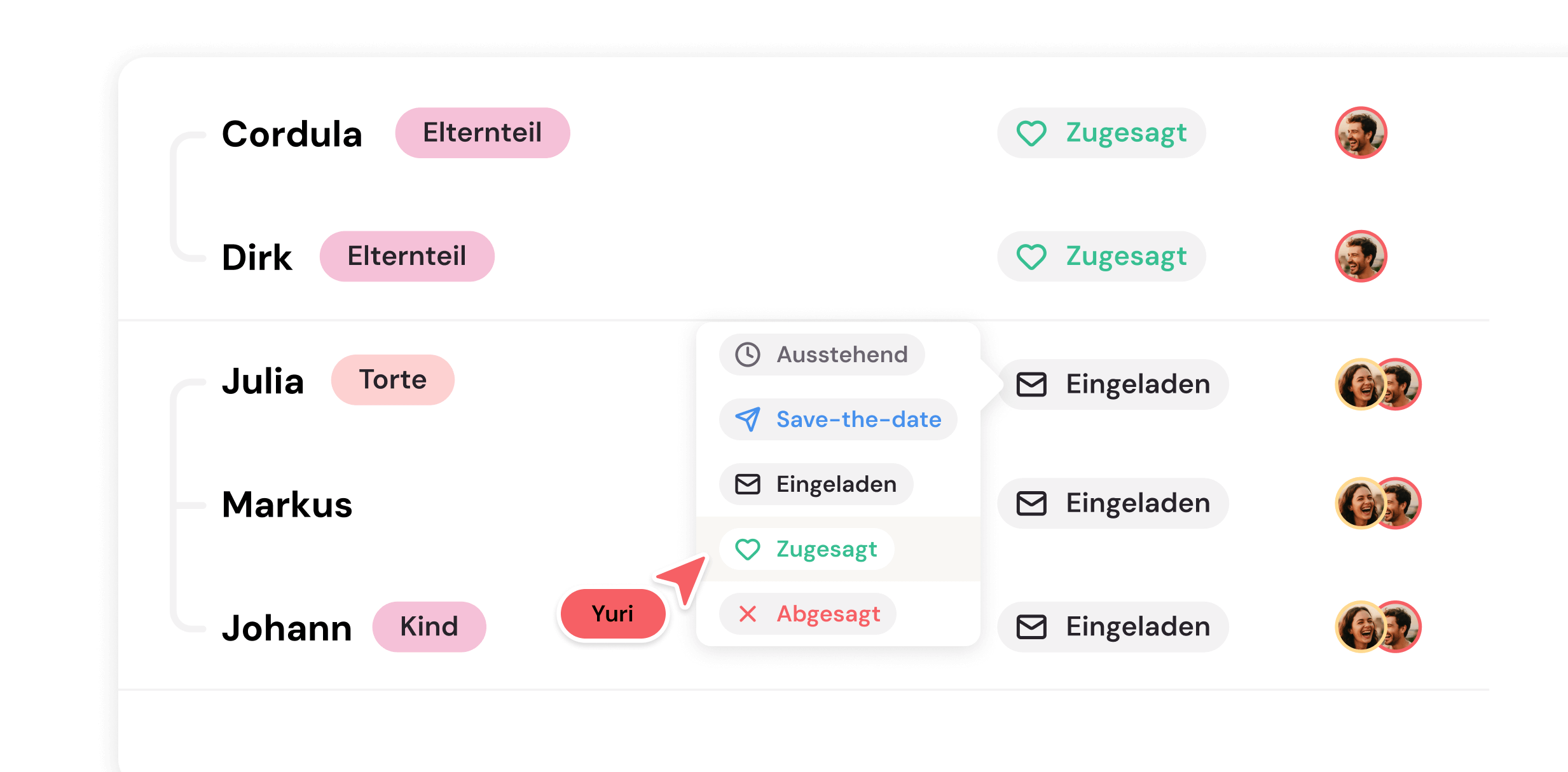 Screenshot: Gästeliste organisiert nach Haushalten